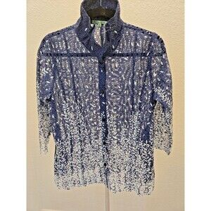 Trisha Tyler M Navy Lace Ombre Button Up Blouse Coastal Artsy Lagenlook Sheer